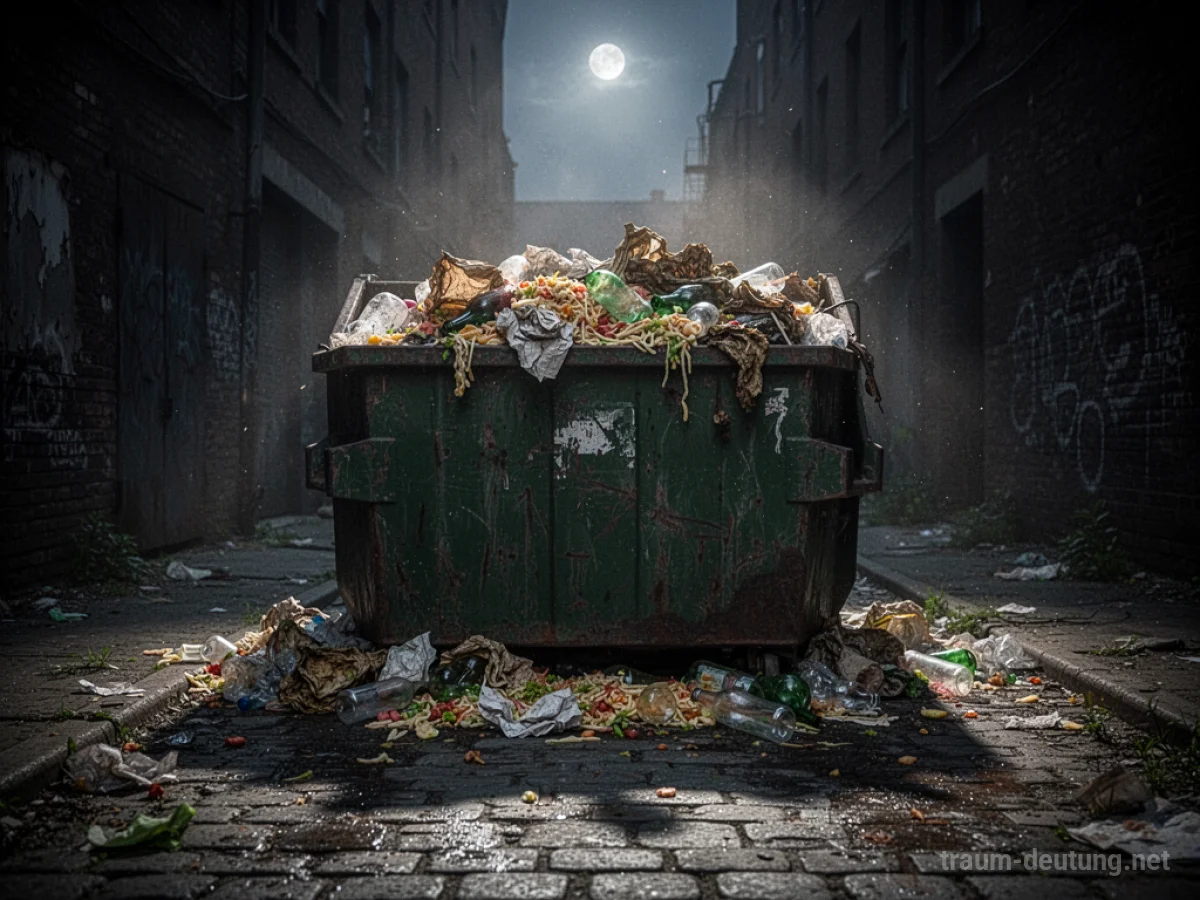 Traumsymbol Müll: Ein überquellender, verwitterter Müllcontainer steht in einer dunklen, vergessenen Gasse, umgeben von Unrat und schwach beleuchtet von Mondlicht.