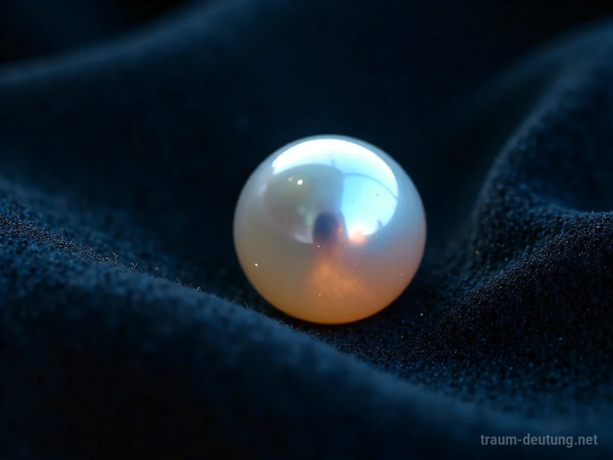 Traumdeutung Multi: Eine einzelne, schimmernde Perle liegt auf dunklem Samt und strahlt ein sanftes Licht aus.