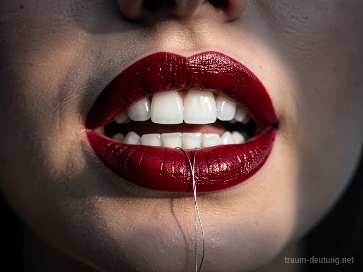 Traumsymbol Mund: Ein leicht geöffneter, fotorealistischer Mund mit roten Lippen und weißen Zähnen, beleuchtet von weichem Morgennebel-Licht.