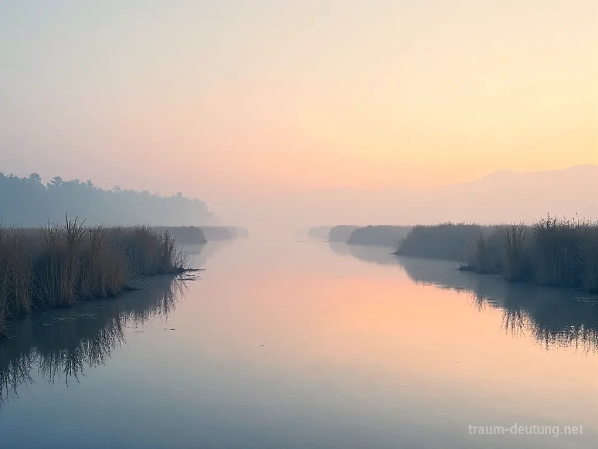 Traumsymbol Mündung: Ein ruhiger Fluss mündet im Morgengrauen in das Meer, sanfter Nebel steigt auf, die Wasseroberfläche spiegelt die sanften Farben des Himmels.