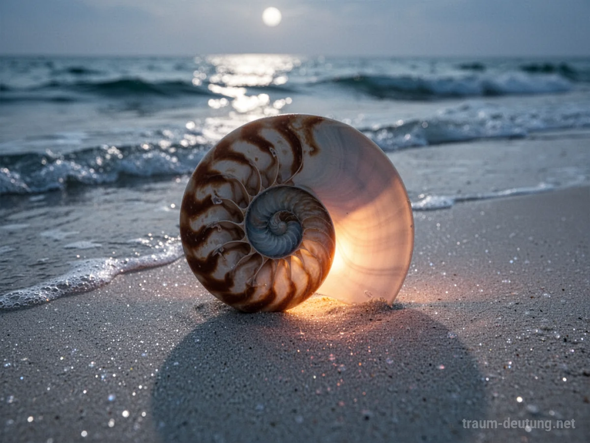 Traumsymbol Muschel: Eine einzelne, perfekt geformte Nautilus-Muschel ruht auf weichem, perlmuttfarbenem Sand, während Mondlicht sanft auf ihr reflektiert.