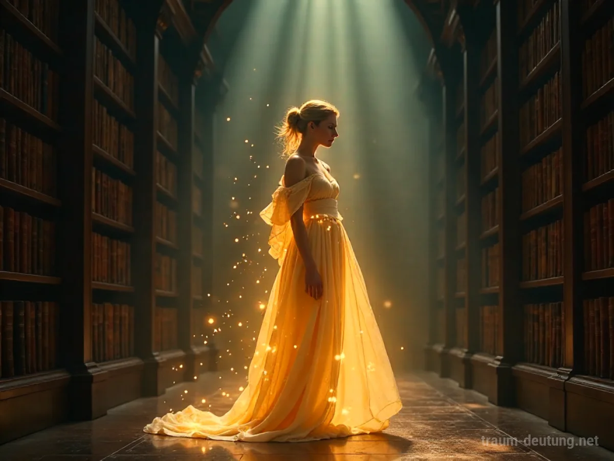 Traumsymbol Muse: Eine ätherische, leuchtende weibliche Figur schwebt in einer schattigen, alten Bibliothek voller Bücher, umgeben von glühenden Lichtpartikeln.