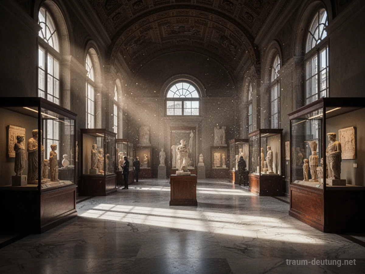 Traumsymbol Museum: Eine feierliche, staubige Museumshalle mit Sonnenlicht, das durch Fenster fällt und antike Ausstellungsstücke beleuchtet.