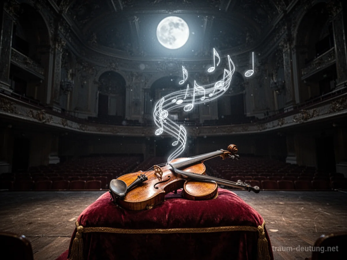 Traumsymbol Musik: Eine alte Violine liegt auf einem Samtkissen in einem mondbeschienenen Konzertsaal, umgeben von schwebenden, leuchtenden Musiknoten.