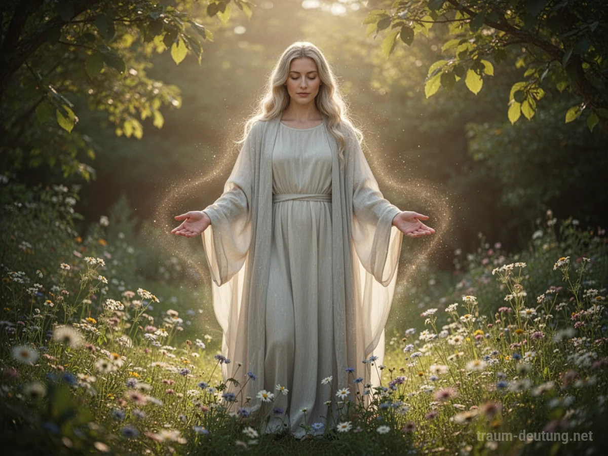 Traumsymbol Mutter: Eine ätherische Mutterfigur mit sanften Augen und fließenden Roben steht in einem sonnenbeschienenen Garten.