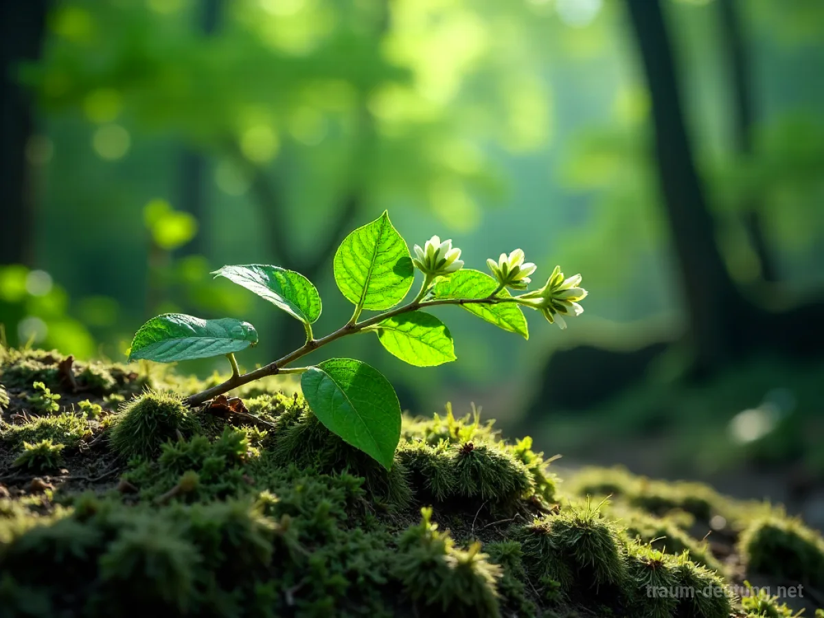 Traumsymbol Myrte: Ein grüner Myrte-Zweig mit weißen Blüten ruht auf moosbewachsenen Steinen im sanften Licht eines Waldes.
