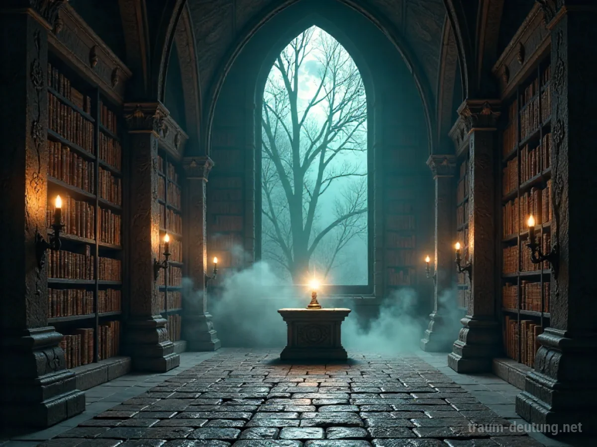 Traumsymbol Mystik: Eine alte Bibliothek erfüllt von Nebelschwaden und Mondlicht, mit leuchtenden Runen auf dem Boden.