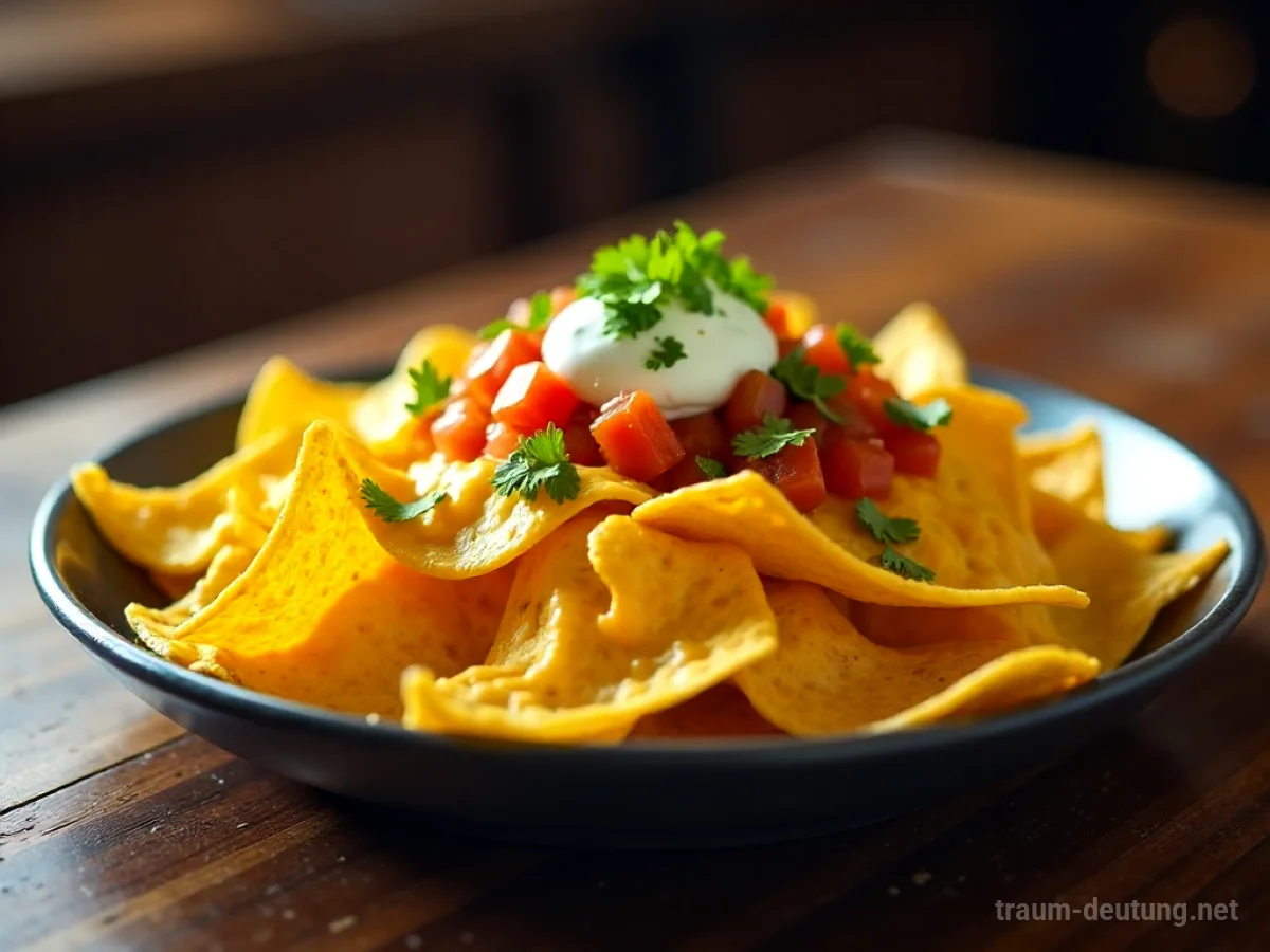 Traumsymbol Nachos: Eine Nahaufnahme eines dampfenden Tellers mit frisch zubereiteten Nachos, bedeckt mit geschmolzenem Käse und Pico de Gallo auf einem Holztisch im warmen Licht.
