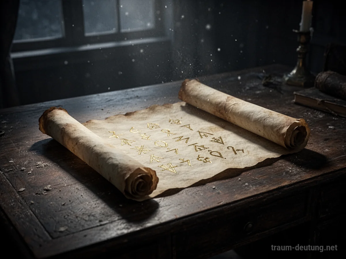 Traumdeutung Nachricht: Eine geöffnete Schriftrolle aus Pergament liegt auf einem dunklen Holztisch, beleuchtet von sanftem Mondlicht, mit geheimnisvollen Symbolen.