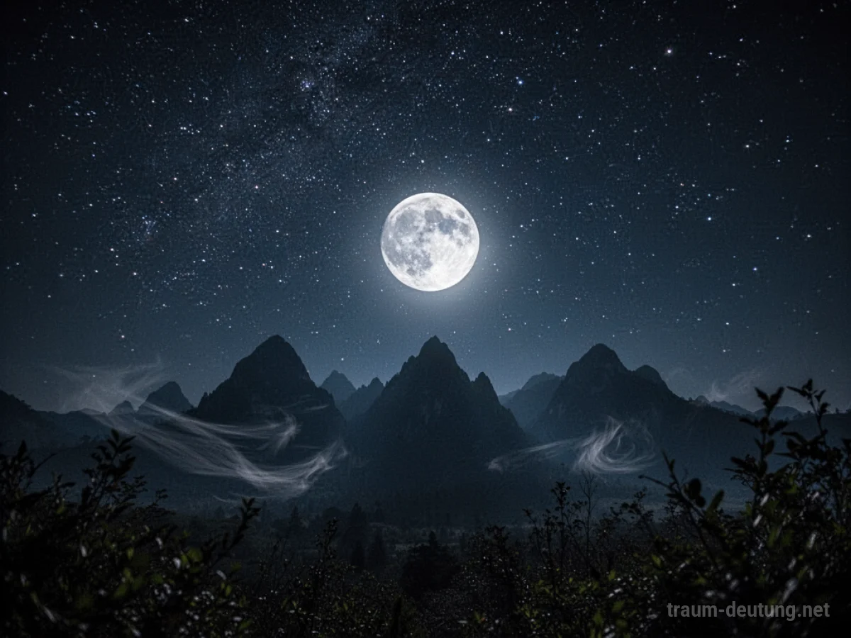 Traumsymbol Nacht: Ein klarer, sternenübersäter Nachthimmel mit einem leuchtenden Vollmond über dunklen Bergketten, der eine geheimnisvolle und friedliche Atmosphäre schafft.
