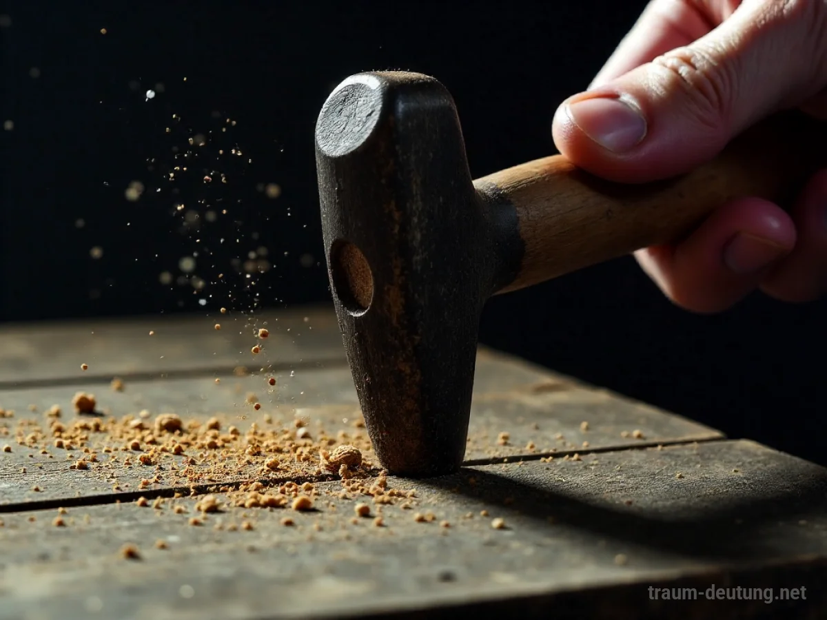 Traumsymbol Nageln: Eine Hand hämmert mit Kraft einen Nagel in altes Holz, beleuchtet von dramatischem Scheinwerferlicht, das tiefe Schatten wirft.