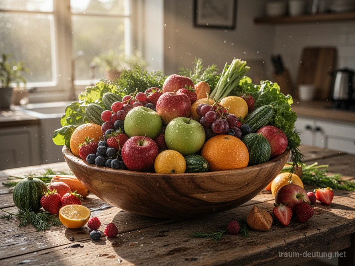 Traumsymbol Nahrung: Eine reich gefüllte Holzschale mit frischem Obst und Gemüse steht auf einem sonnenbeschienenen Küchentisch, umgeben von warmem Licht.