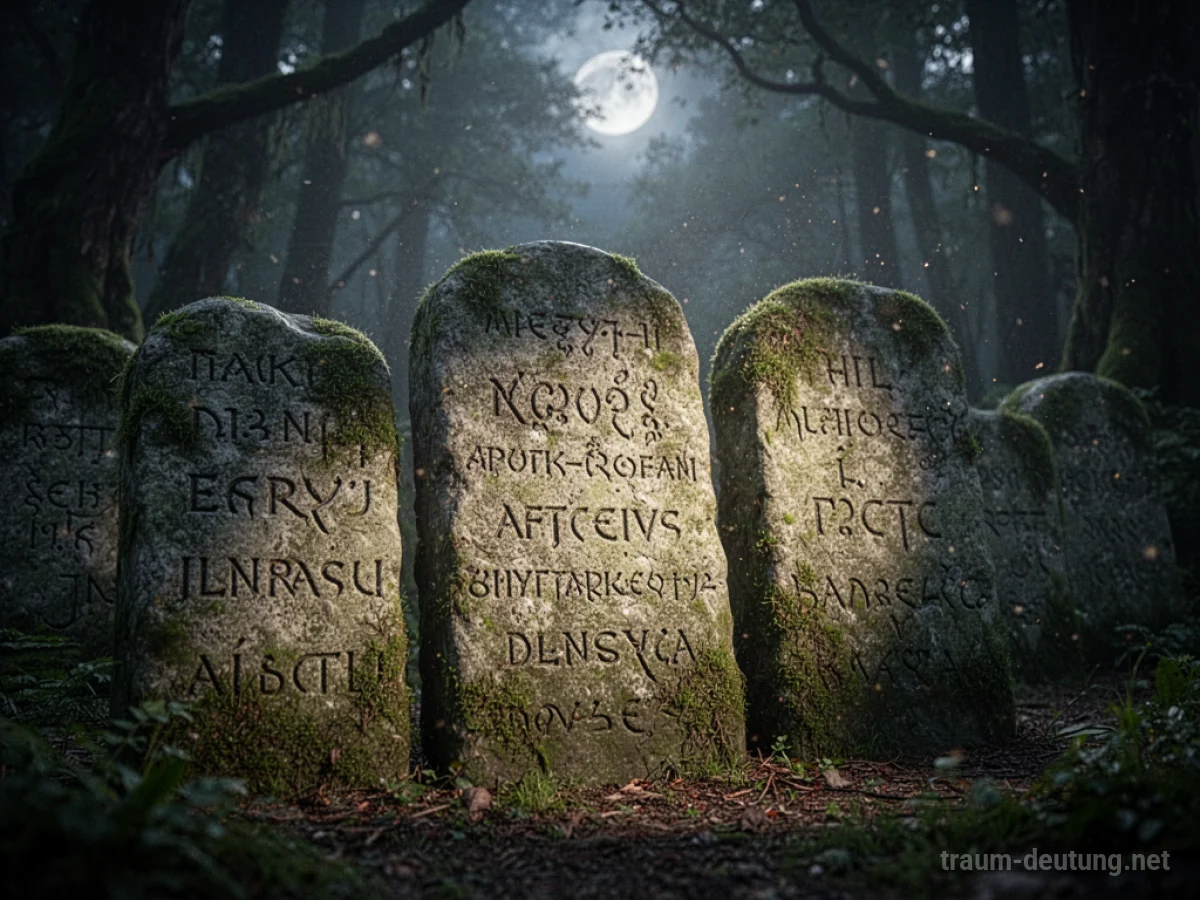 Traumdeutung Name: Antike Steintafeln mit eingeritzten Namen im Mondlicht eines alten Waldes.