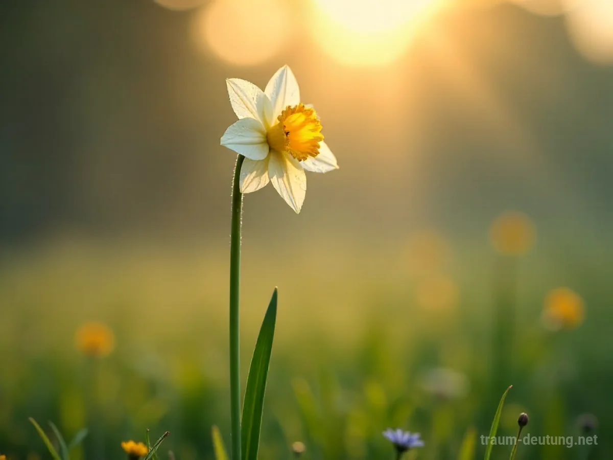 Traumsymbol Narzisse: Eine einzelne, makellose Narzisse steht in einer nebligen Wiese im Morgengrauen, beleuchtet von sanftem Sonnenlicht.