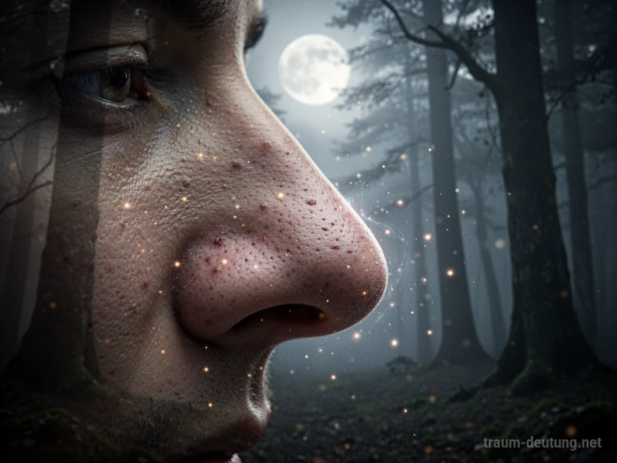 Traumsymbol Nase: Eine detailreiche, fotorealistische Nahaufnahme einer menschlichen Nase im diffusen Mondlicht eines nebligen Waldes.
