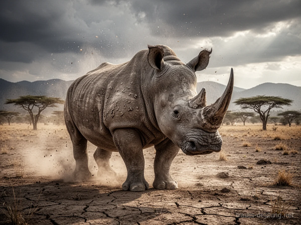Traumsymbol Nashorn: Ein majestätisches Nashorn steht in einer trockenen Savanne unter einem dramatischen Himmel, Staubpartikel schweben in der Luft.