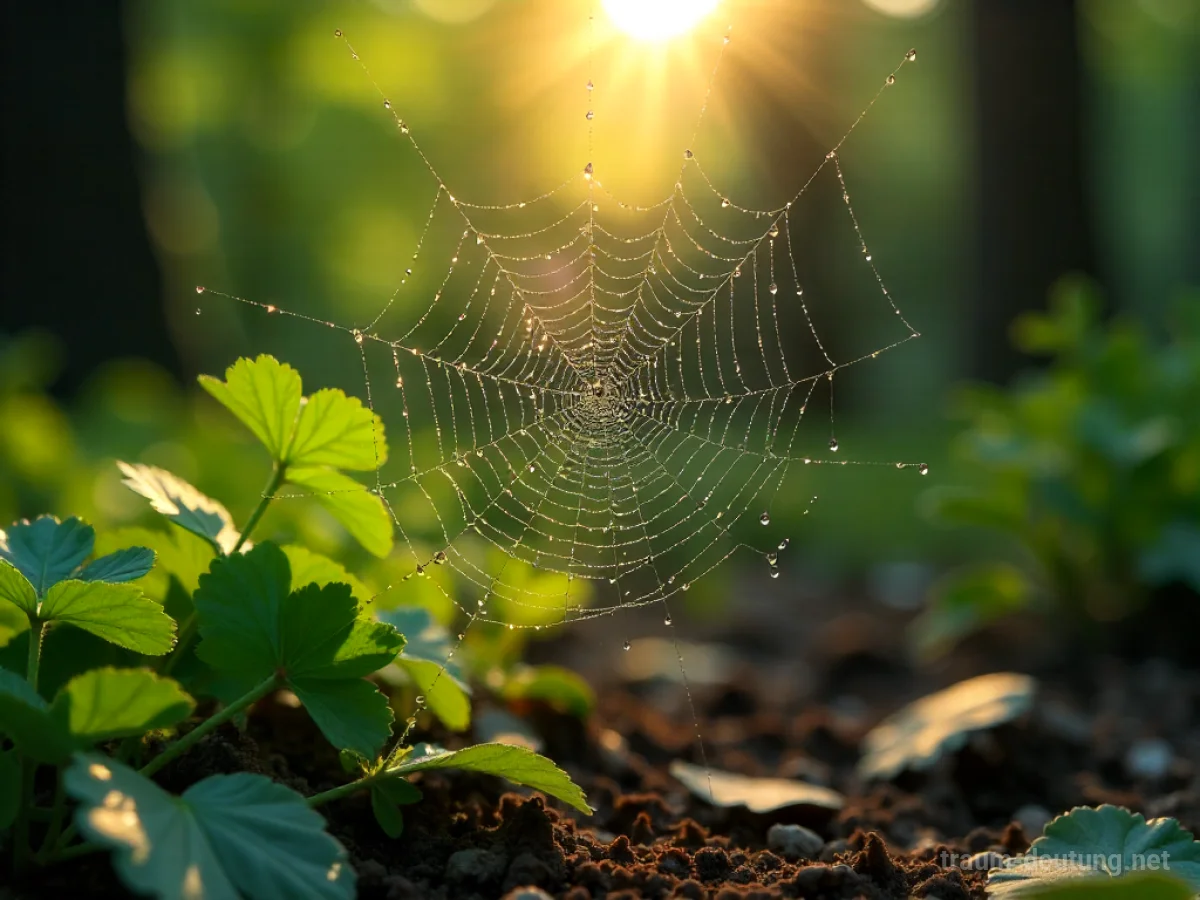 Traumsymbol Nass: Ein Spinnennetz mit Tautropfen glänzt im frühen Morgenlicht über feuchter Erde im Wald.