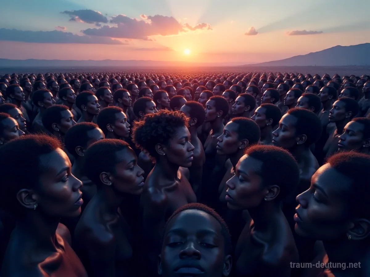 Traumdeutung Nation: Eine weite Landschaft aus sich wandelnden menschlichen Gesichtern unter einem Dämmerungshimmel, die kollektive Identität symbolisiert.