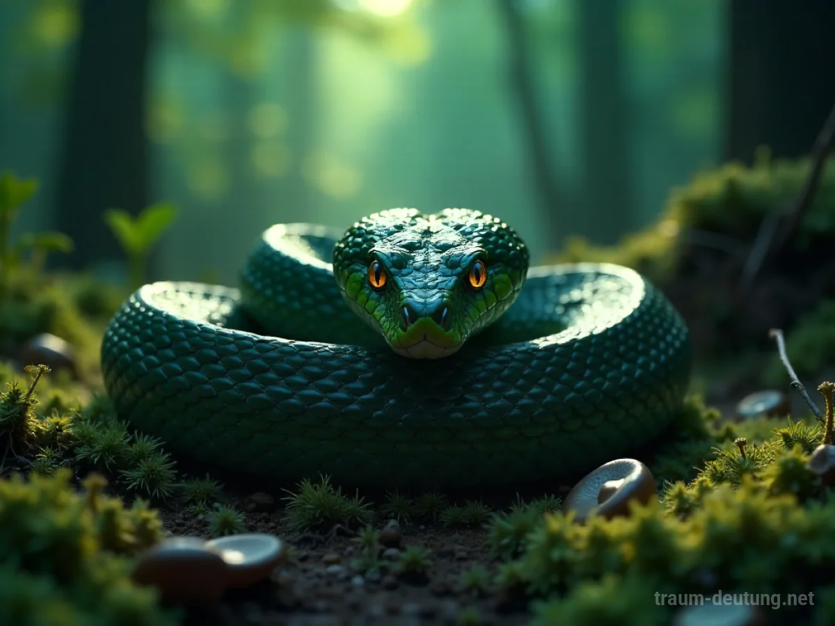 Traumsymbol Natter: Eine dunkle, glänzend grüne Natter liegt auf feuchtem Moos in einem mystischen Wald, beleuchtet von diffusem Mondlicht.