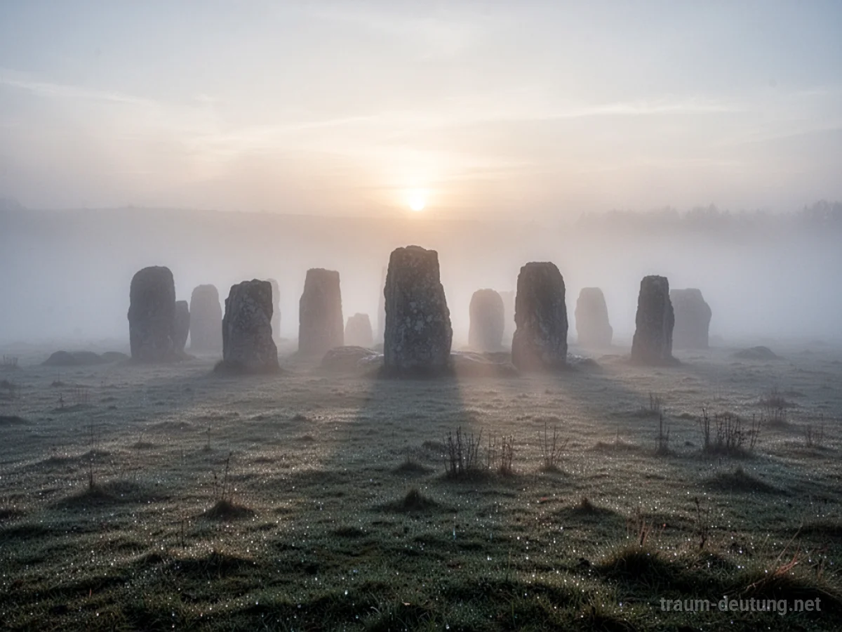 Traumsymbol Nebel: Dichter, ätherischer Nebel zieht über eine trostlose, neblige Moorlandschaft im Morgengrauen, während schwach erkennbare Steinformationen im wirbelnden Dunst verborgen sind.