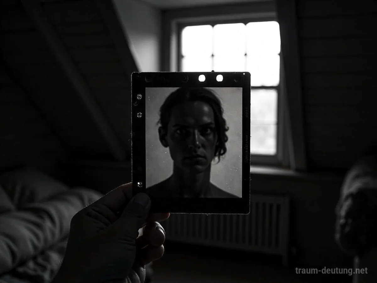 Traumdeutung Negativ: Ein fotografisches Negativ mit einem verzerrten Gesicht wird im Mondlicht vor einem staubigen Fenster gehalten.