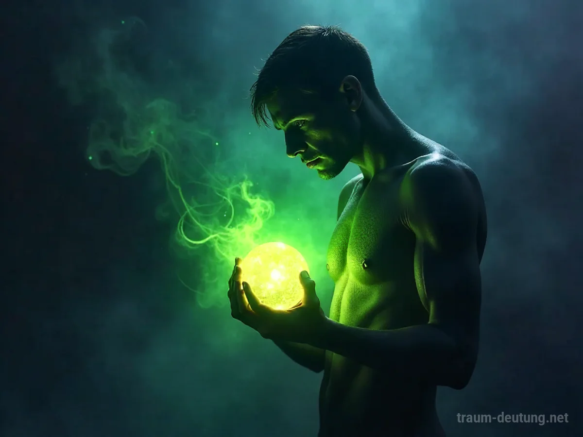 Traumsymbol Neid: Eine dunkle, schemenhafte Figur umklammert eine leuchtende goldene Kugel, umgeben von einer intensiven grünen Aura und einem wirbelnden, dunklen Hintergrund.