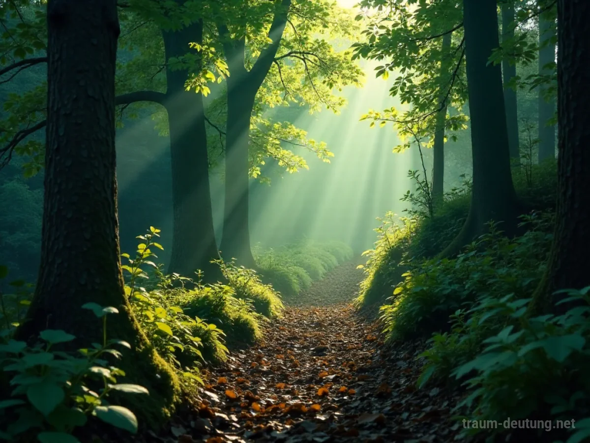 Traumsymbol Neigung: Ein sanft ansteigender, moosbedeckter Pfad führt durch einen nebelverhangenen, urwüchsigen Wald, beleuchtet von diffusen Sonnenstrahlen.