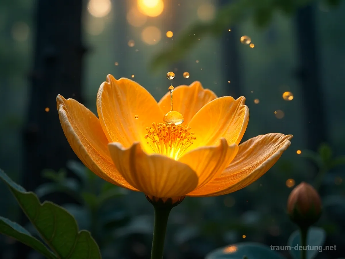 Traumsymbol Nektar: Goldener, leuchtender Nektar tropft langsam von den Blüten einer überirdischen Blume in einem dämmrigen Wald, beleuchtet von Mondlicht.