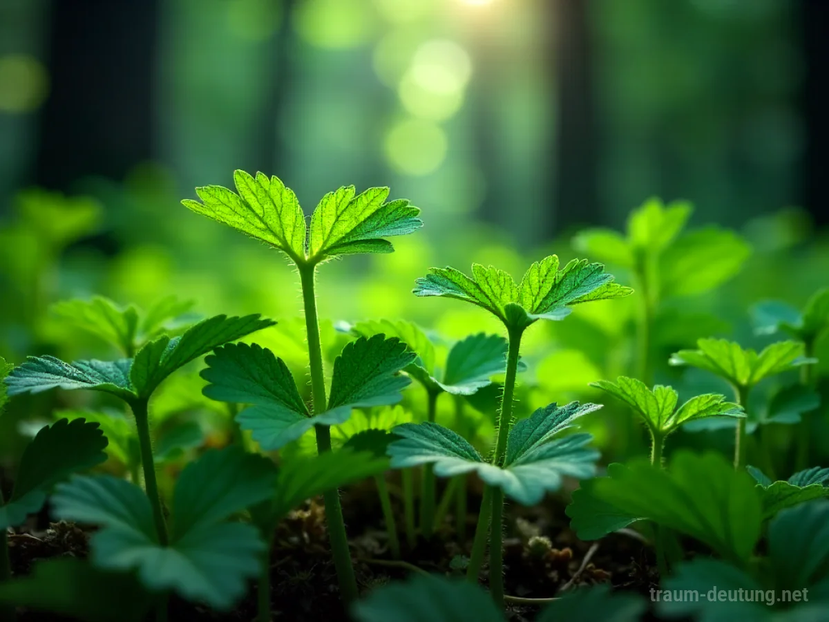 Traumsymbol Nessel: Grüne Brennnesselpflanzen mit Tautropfen auf den Blättern in einem schattigen Waldlichtung, beleuchtet von gefiltertem Sonnenlicht.