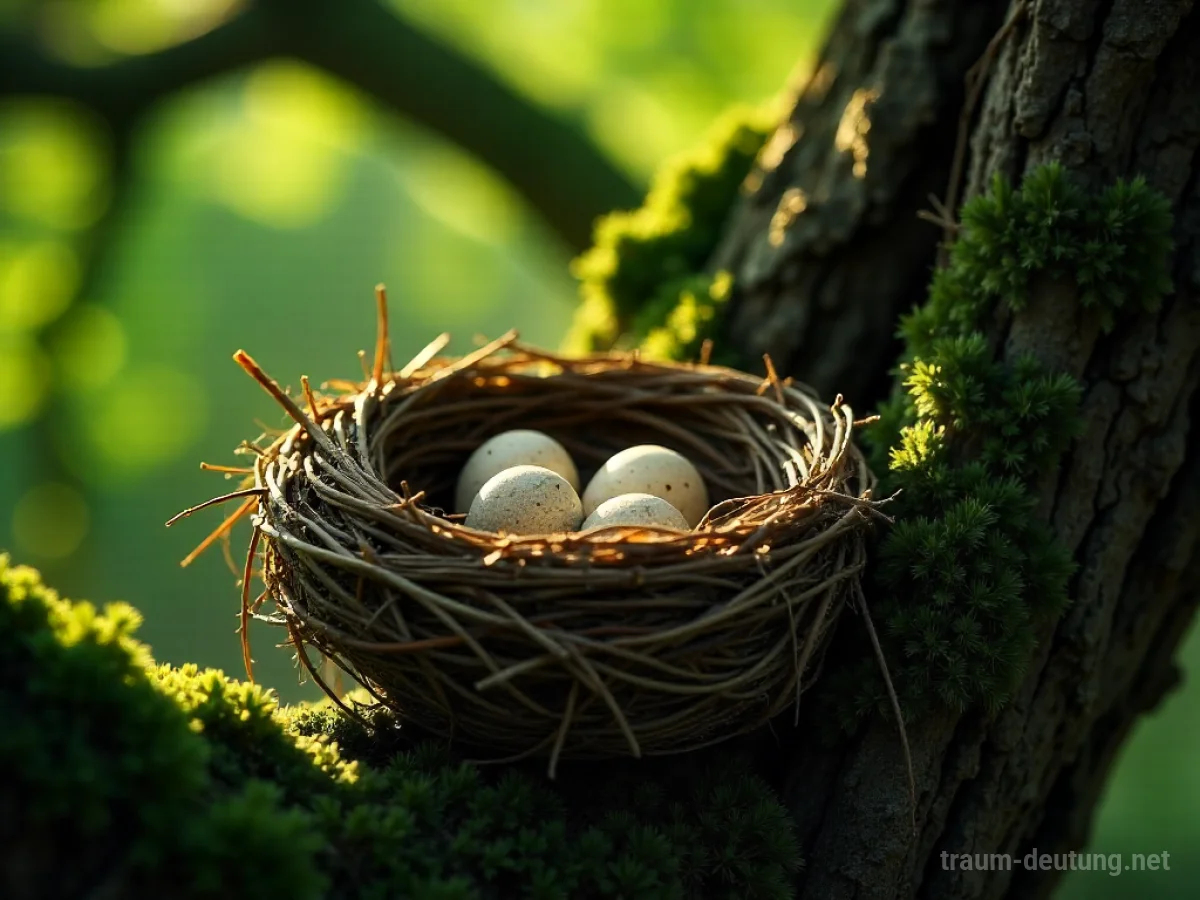 Traumsymbol Nest: Ein detailliertes, fotorealistisches Bild eines sorgfältig gewebten Vogelnests aus Zweigen und Moos, geschützt in den Ästen eines alten Baumes, mit sanftem Sonnenlicht.