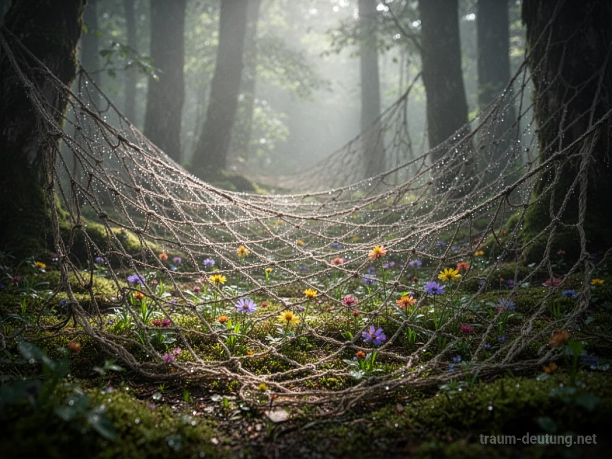 Traumsymbol Netz: Ein detailreiches, von Tautropfen glänzendes Fischernetz liegt auf einem nebligen Waldboden, durch den Sonnenlicht fällt.