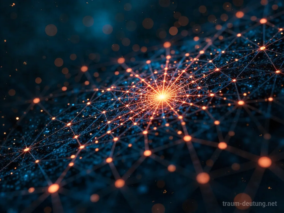 Traumsymbol Netzwerk: Ein weitläufiges, leuchtendes Netzwerk aus Knoten und Pfaden schwebt in einer kosmischen Leere, verbunden durch dünne, pulsierende Fäden.
