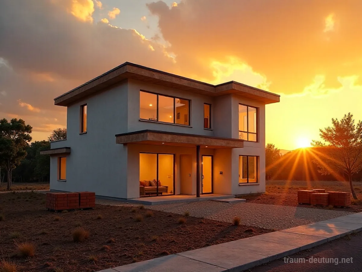 Traumsymbol Neubau: Ein modernes, neu gebautes Haus im warmen Licht der Abendsonne, umgeben von unfertiger Landschaft.