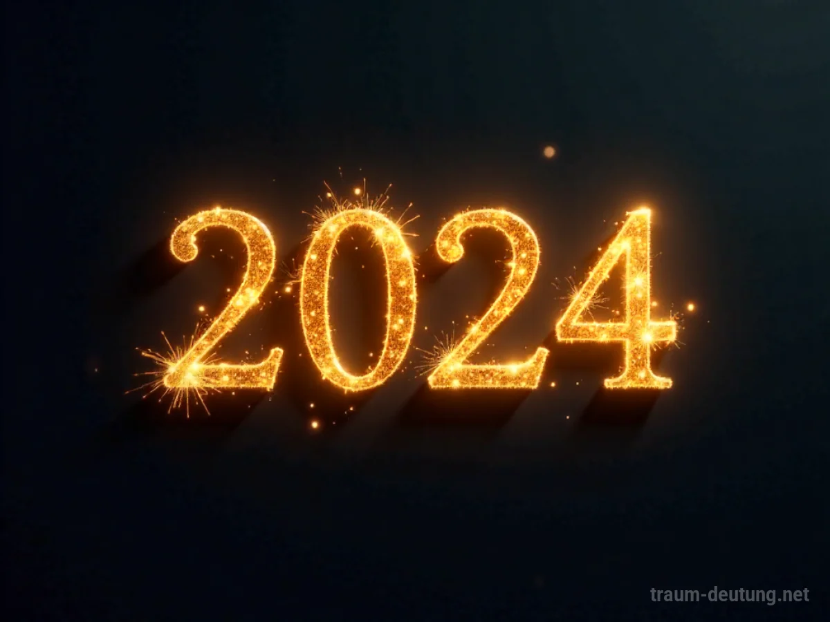 Traumdeutung Neujahr: Eine leuchtende goldene '2024' schwebt in dunkler, ätherischer Leere mit funkelnden Lichtspuren.
