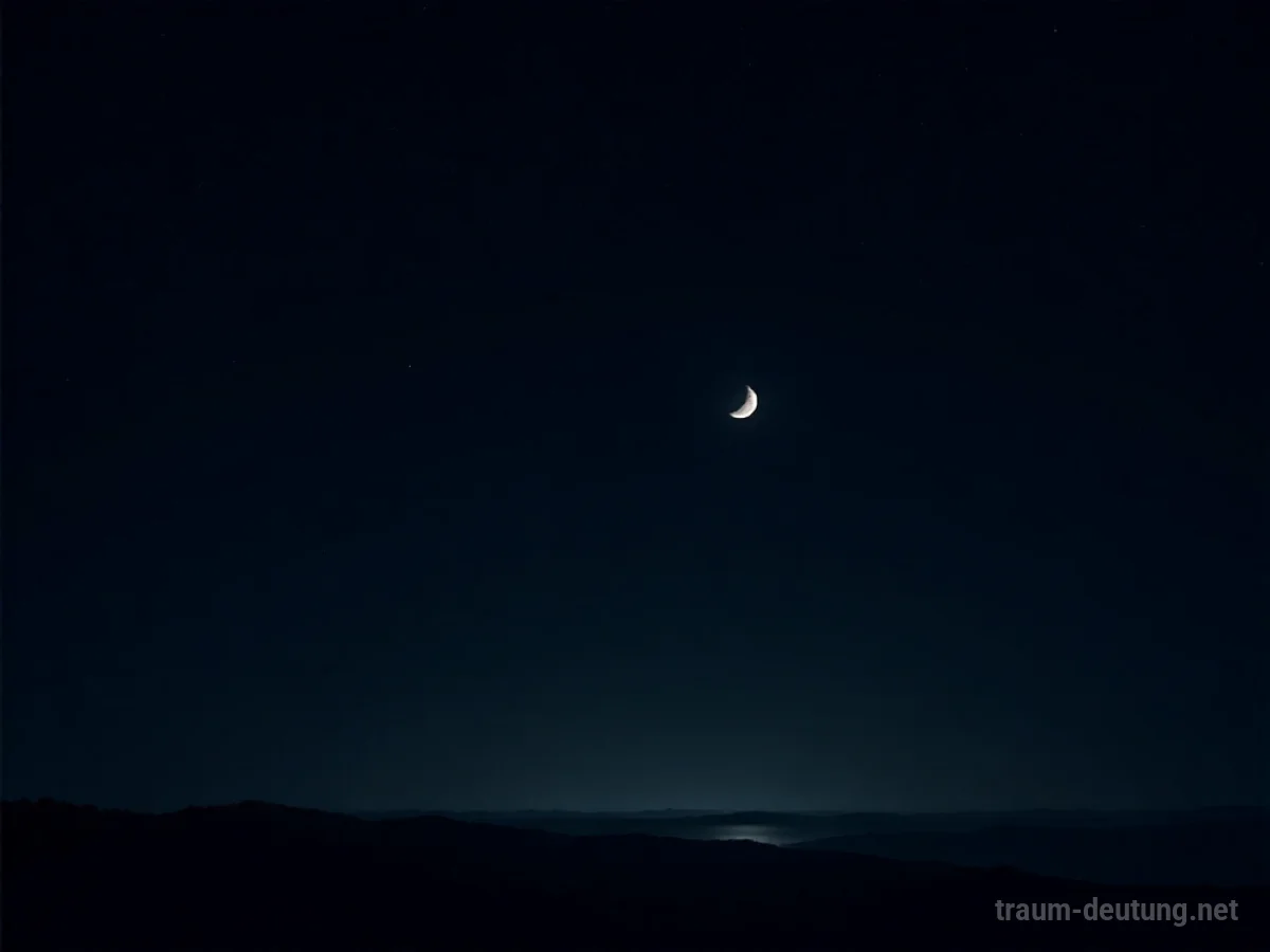 Traumsymbol Neumond: Ein fast unsichtbarer Neumond als feine Sichel am pechschwarzen Nachthimmel, umgeben von kosmischem Staub und Sternenlicht, symbolisiert neue Anfänge.