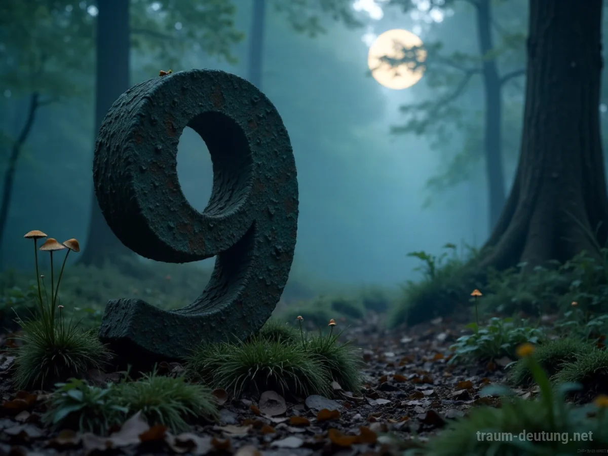 Traumsymbol Neun: Eine alte, moosbewachsene Stein-Ziffer Neun steht in einer nebligen Waldlichtung im Mondlicht.