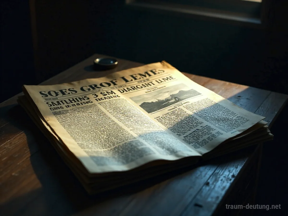 Traumdeutung News: Eine alte Zeitung liegt auf einem dunklen Schreibtisch im Mondlicht, die Schlagzeilen sind unleserlich, aber bedeutungsvoll.