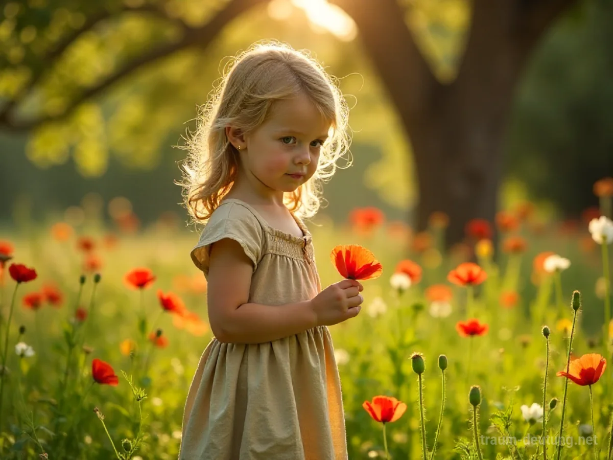 Traumsymbol Nichte: Ein junges Mädchen mit neugierigen Augen in einem sonnenbeschienenen Garten hält eine rote Mohnblume, umgeben von Wildblumen und sanften Lichtreflexen.
