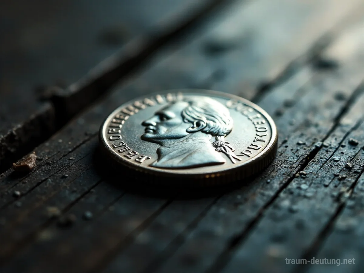 Traumdeutung Nickel: Eine abgenutzte US-Nickel-Münze liegt auf einer dunklen Holzoberfläche, beleuchtet von sanftem Seitenlicht.