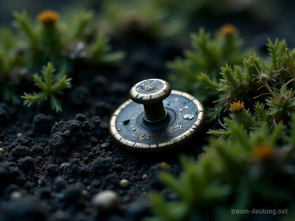 Traumsymbol Niete: Eine einzelne, angelaufene Messingniete liegt halb im dunklen, feuchten Erdreich vergraben, umgeben von Moos und welken Blumen im Mondlicht.