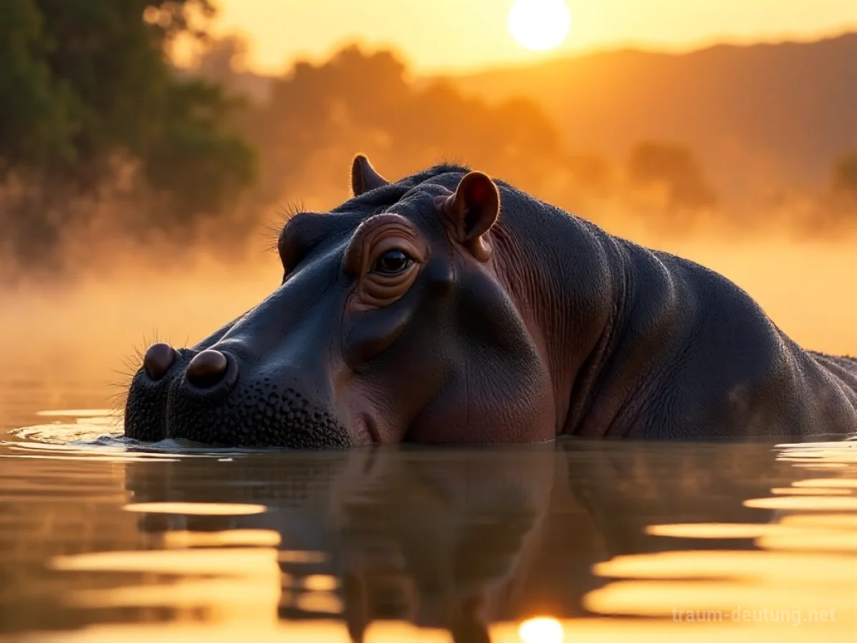 Traumdeutung Nilpferd: Ein massives Nilpferd taucht aus schlammigem Wasser im warmen Licht der Morgensonne auf, was auf tiefe Emotionen hindeutet.