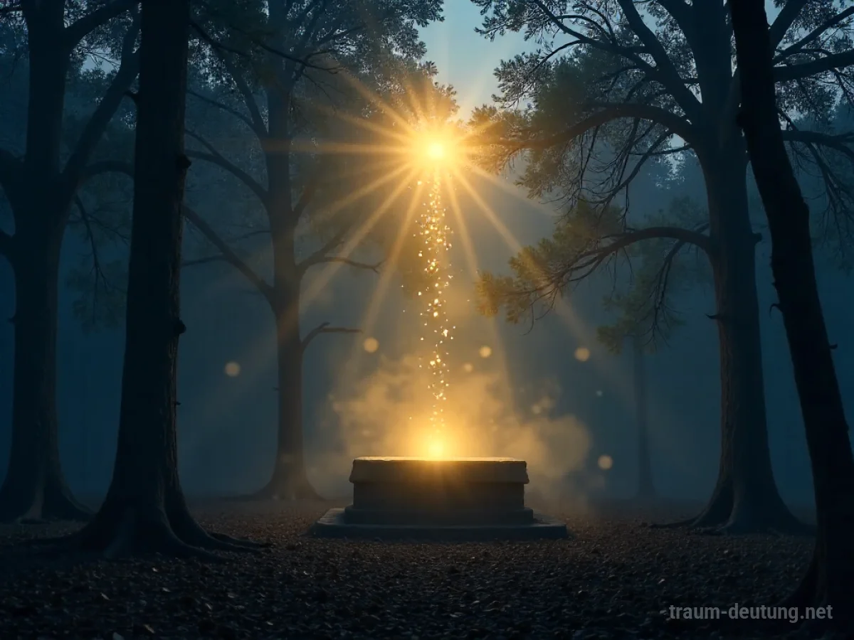 Traumsymbol Nimbus: Ein leuchtender, goldener Heiligenschein schwebt über einem steinernen Altar in einem nebligen Wald bei Dämmerung.