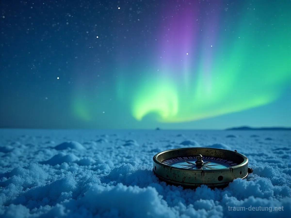 Traumsymbol Nördlich: Eine weite, gefrorene Tundra unter einem klaren Sternenhimmel mit tanzender grüner und violetter Aurora Borealis. Ein antiker Messingkompass zeigt nach Norden. Die Szene ist von kaltem Licht und Stille erfüllt.