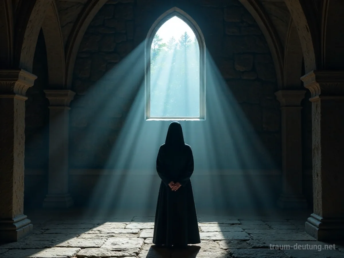 Traumsymbol Nonne: Eine einzelne Nonne steht in einer schattigen, alten Kapelle, während Mondlicht durch ein Fenster fällt und eine mystische Atmosphäre schafft.