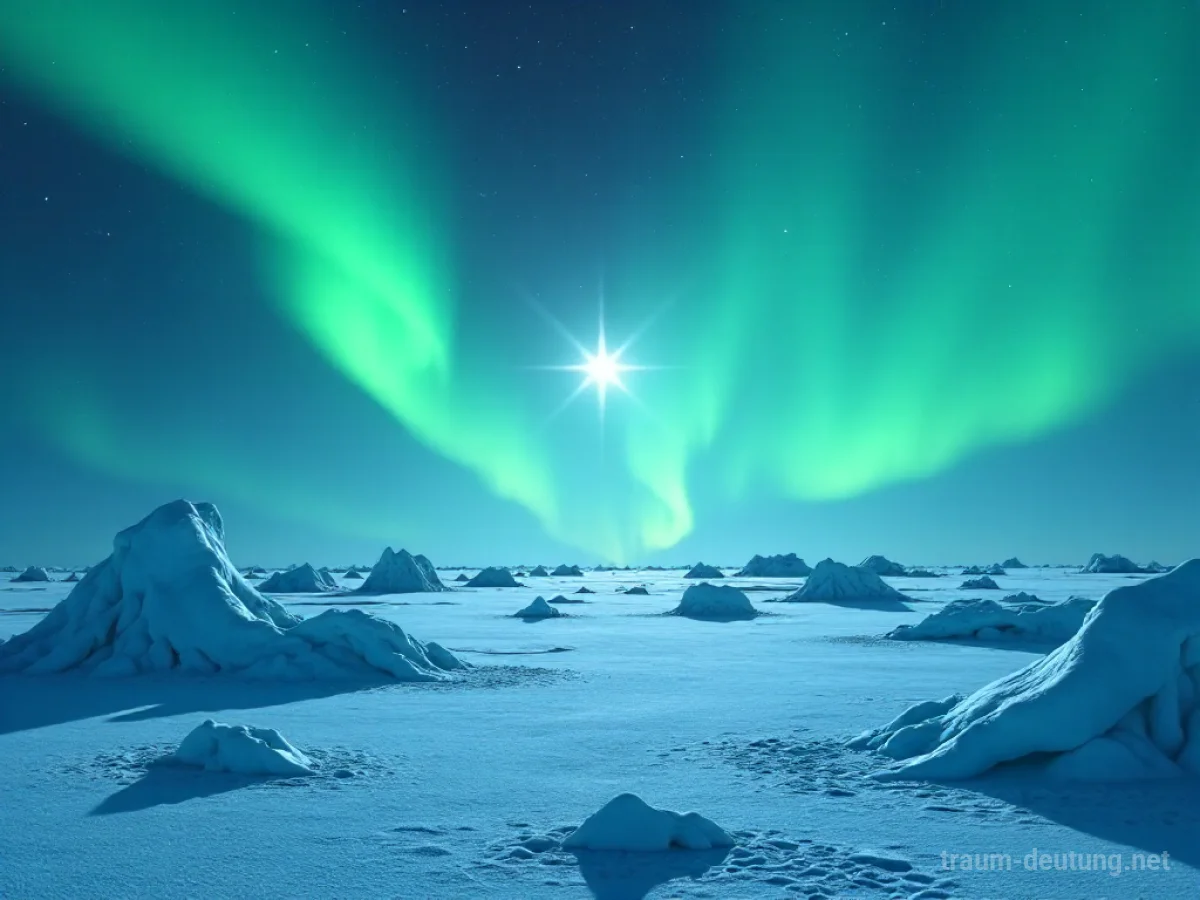 Traumsymbol Nordpol: Eine weite, eisige Arktislandschaft unter Nordlichtern mit Eisskulpturen und einem hellen Stern darüber.