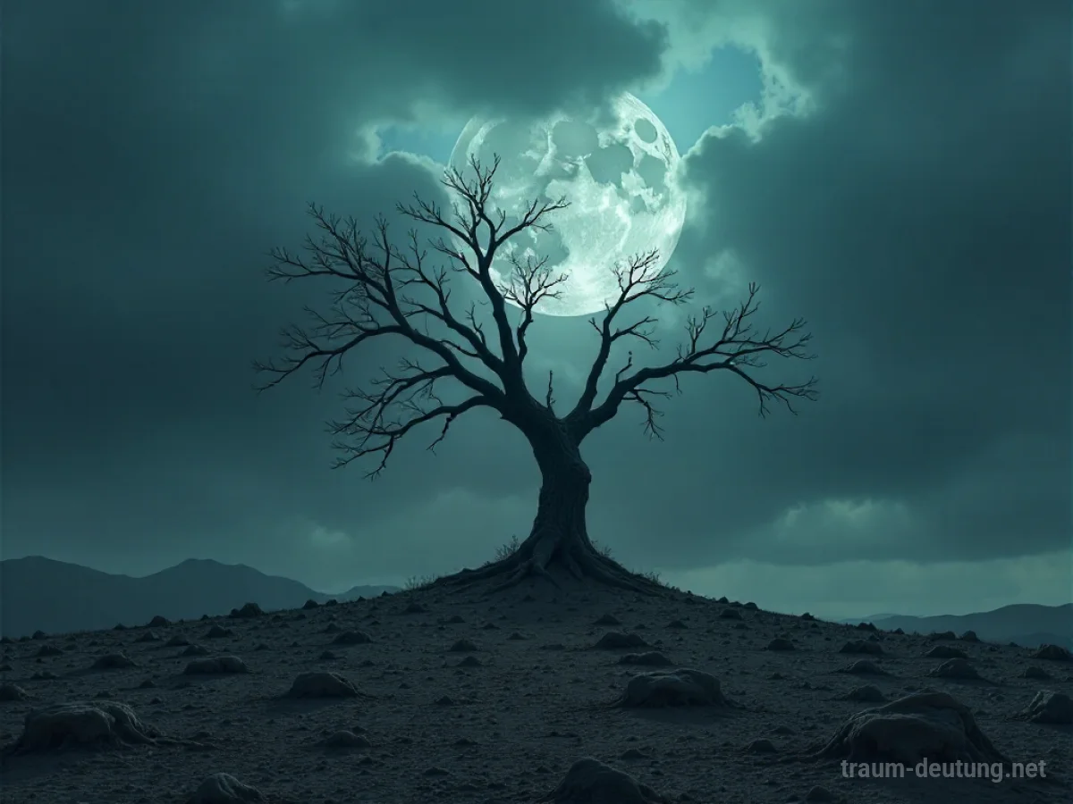 Traumsymbol Not: Eine karge, trostlose Landschaft unter einem dunklen, stürmischen Himmel mit einem einsamen, knorrigen Baum im Zentrum, der trotzt.