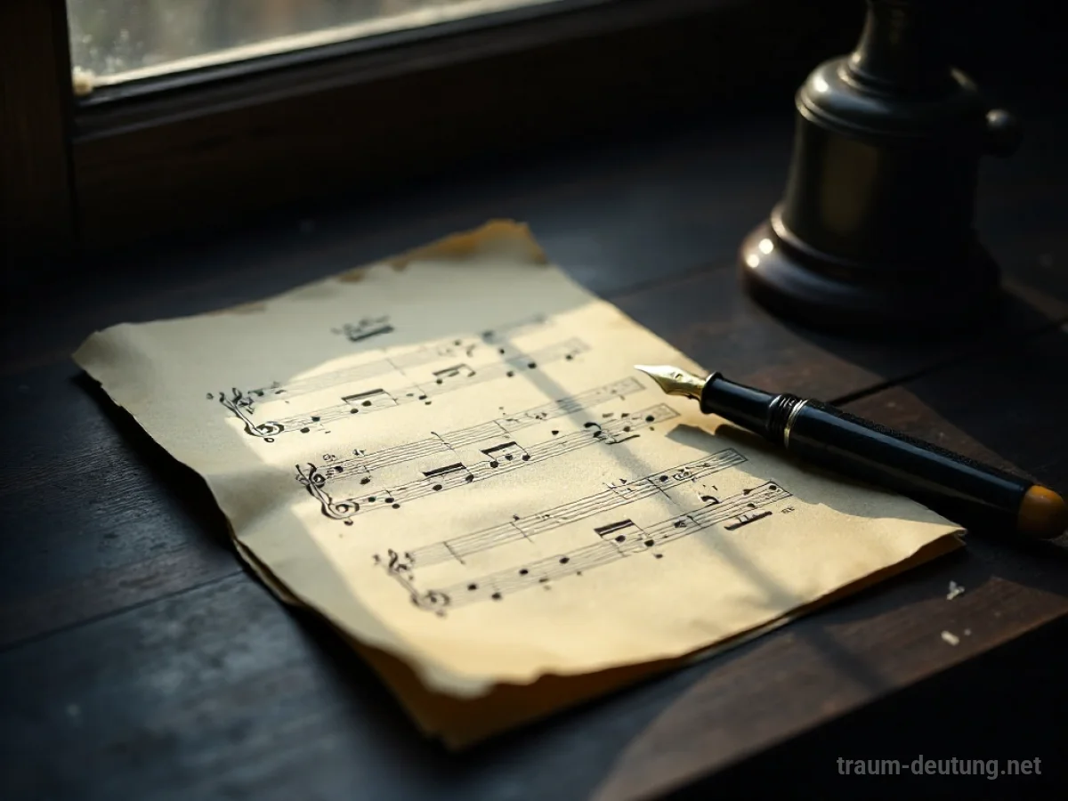 Traumsymbol Note: Ein vergilbtes Notenblatt liegt auf einem dunklen Holztisch, beleuchtet von fahlem Mondlicht, mit einer einzelnen, handgezeichneten musikalischen Note.