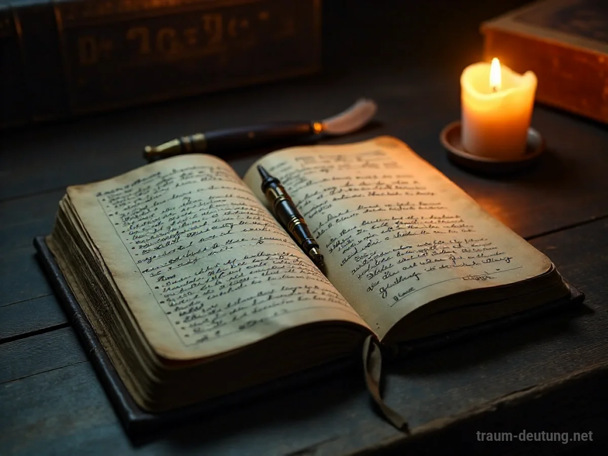 Traumsymbol Notebook: Ein altes, ledergebundenes Notizbuch liegt offen auf einem dunklen Holztisch, beleuchtet von Kerzenlicht, mit handgeschriebenen Notizen und Skizzen.