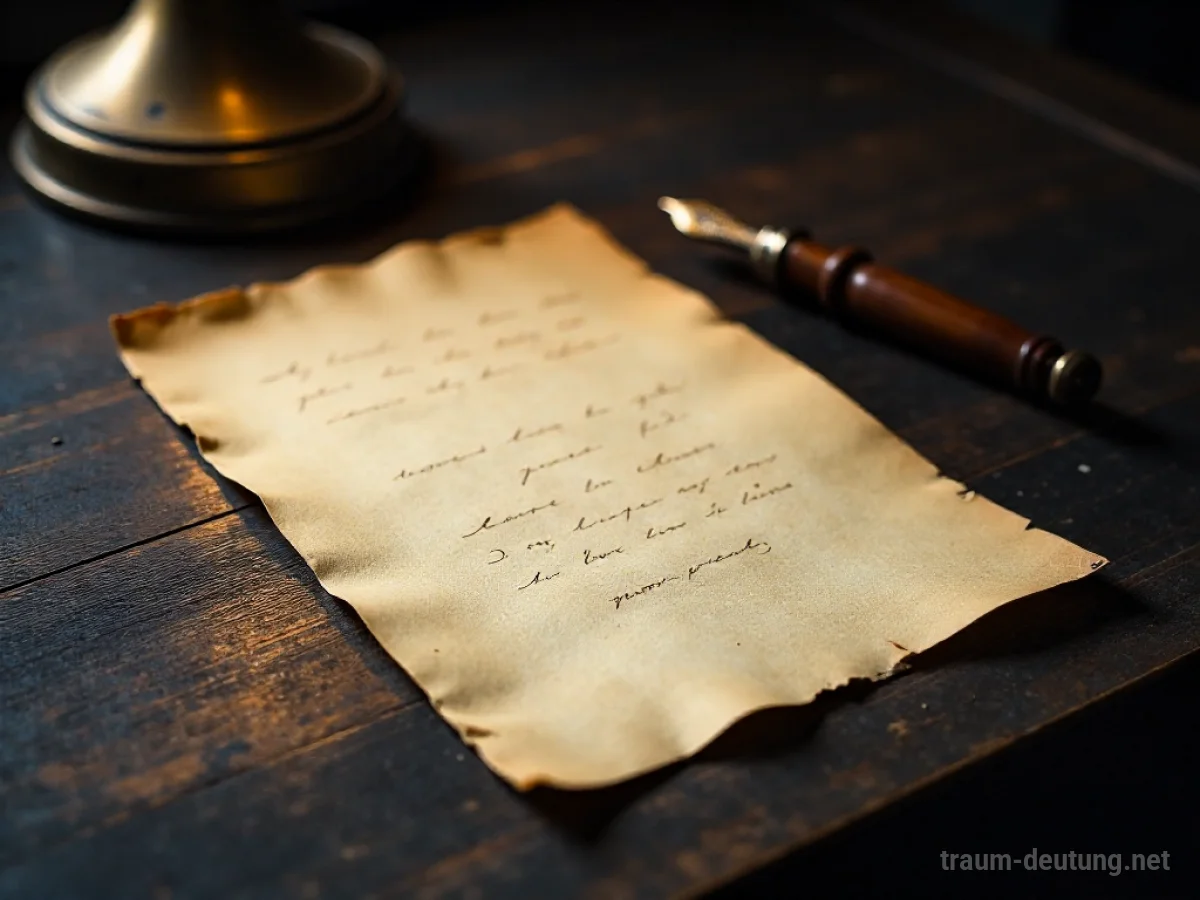Traumdeutung Notiz: Ein altes Blatt Papier mit handgeschriebener Schrift liegt auf einem dunklen Holzschreibtisch, daneben eine Feder.