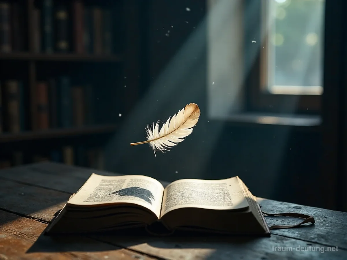 Traumsymbol Notlüge: Eine einzelne, weiße Feder schwebt langsam durch eine staubige, mondbeschienene Bibliothek.